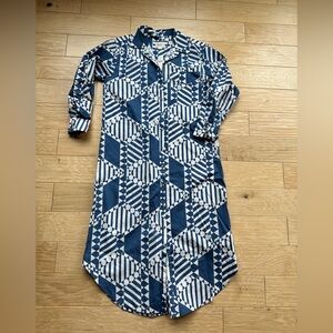 Maeve Blue and White Geometric Button Up Shirt Dress